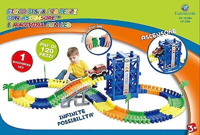 GIOCO PISTA 128PZ C/ASCENSORE E 1 MACCHININA LED