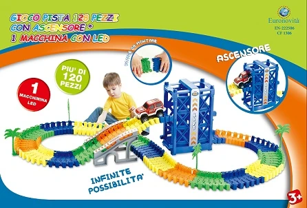 GIOCO PISTA 128PZ C/ASCENSORE E 1 MACCHININA LED