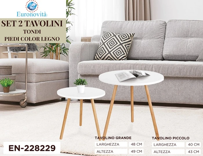 TAVOLINI SET 2PZ TONDI CON PIEDI COLOR LEGNO