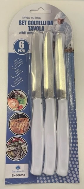 COLTELLI DA TAVOLA SEGHETTATI DENTI STRETTI 6PZ. BIANCHI