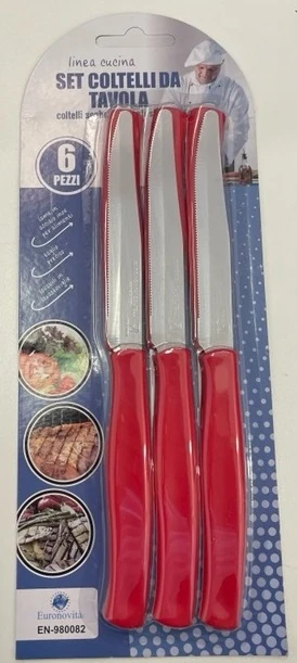 COLTELLI DA TAVOLA SEGHETTATI DENTI STRETTI 6PZ. ROSSI