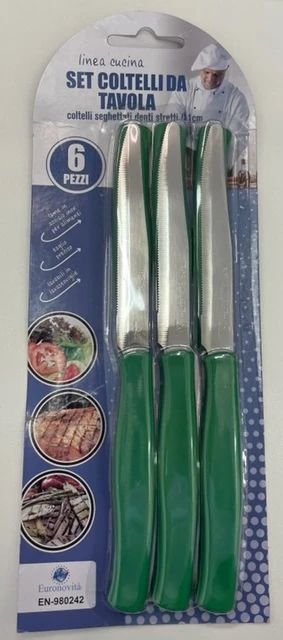 COLTELLI DA TAVOLA SEGHETTATI DENTI STRETTI 6PZ. VERDI